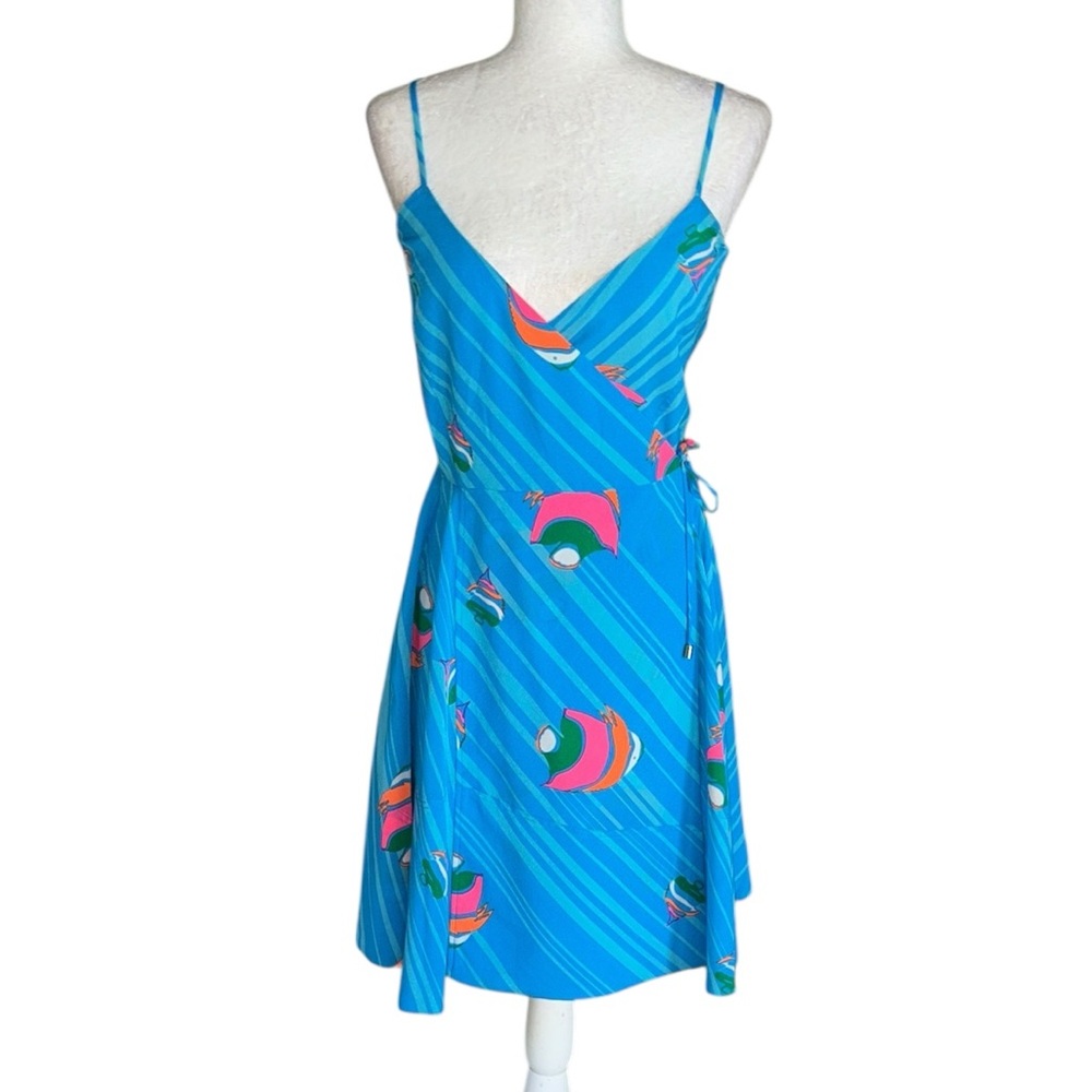 JB by Julie Brown Blue Pink Fish Print Wrap A-Line Mini Dress - 4